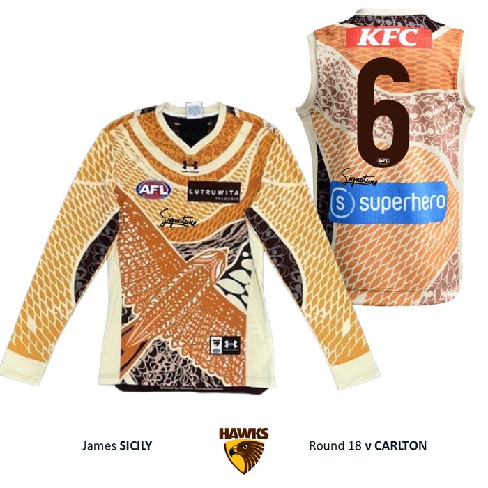 Photo of James Sicily #6 Hawthorn 2026 Indigenous Match-Worn Guernsey