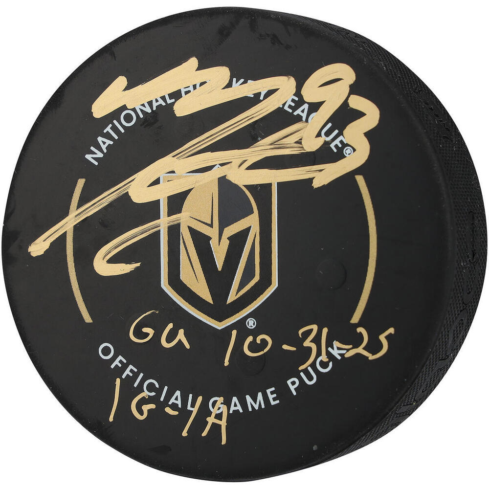 Mitch Marner Vegas Golden Knights Autographed Game-Used Puck vs. Colorado Avalanche on October 31, 2025 with Multiple Inscriptions