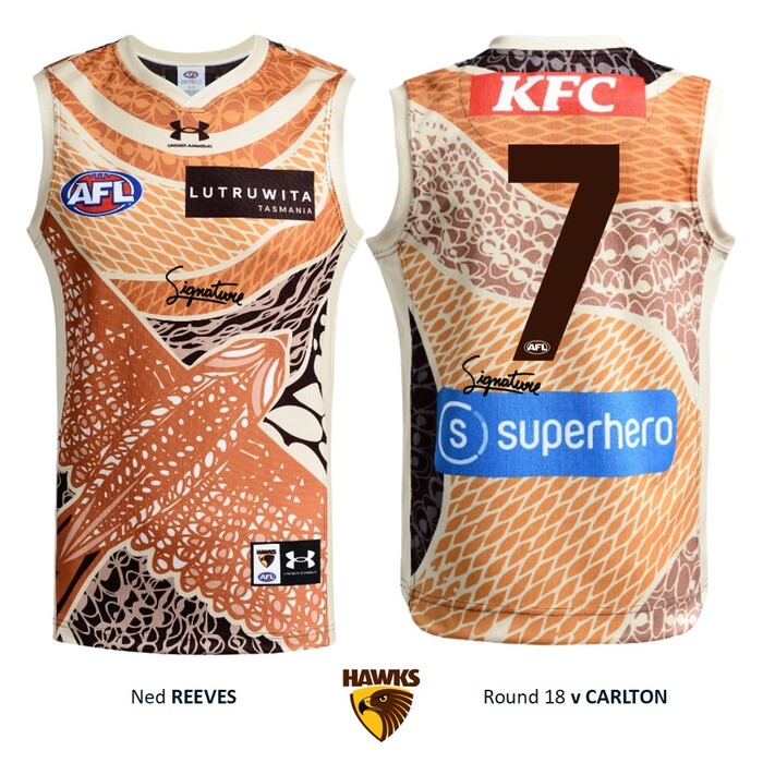 Photo of Ned Reeves #7 Hawthorn 2026 Indigenous Match-Worn Guernsey