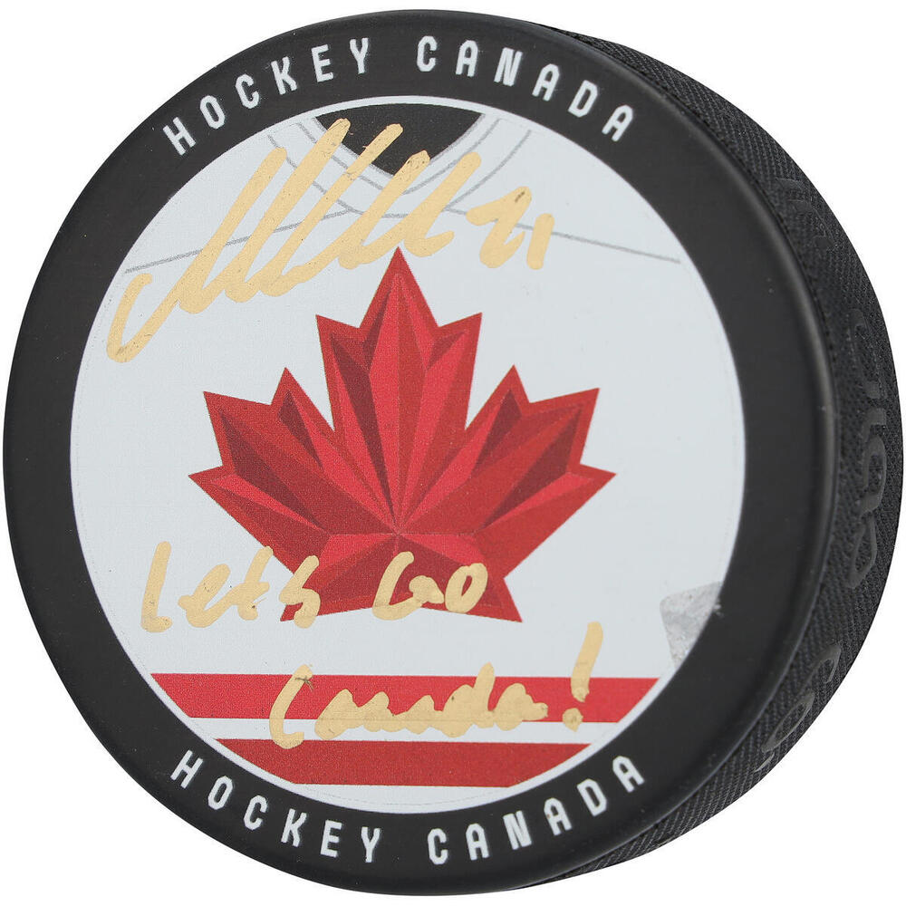Macklin Celebrini San Jose Sharks Autographed Team Canada 2026 Olympics Hockey Puck with 
