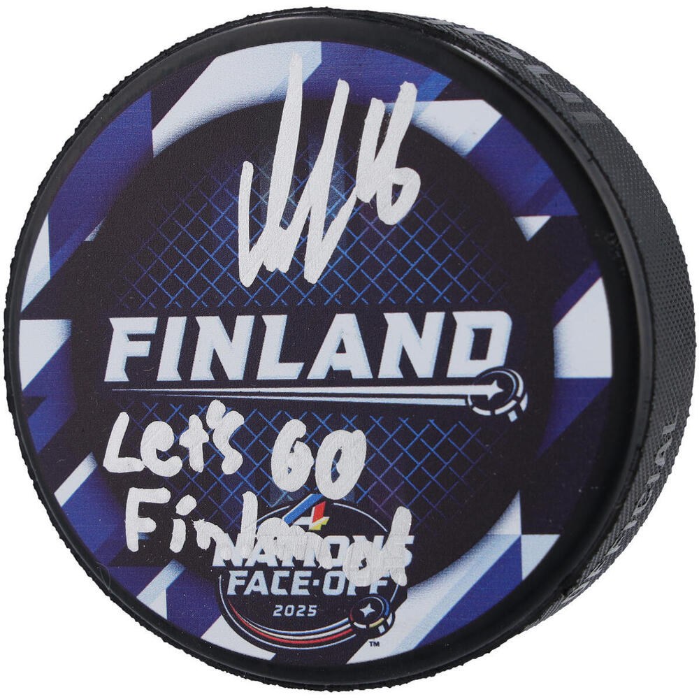 Aleksander Barkov Florida Panthers Autographed Team Finland 4 Nations Face-off Hockey Puck with 