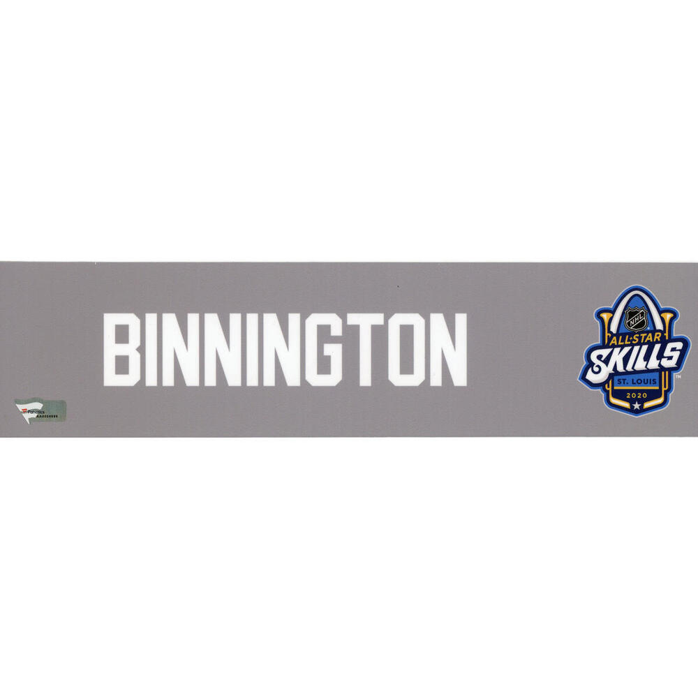 Jordan Binnington Player-Issued Gray Nameplate from the 2020 NHL All-Star Skills Competition on January 24, 2020
