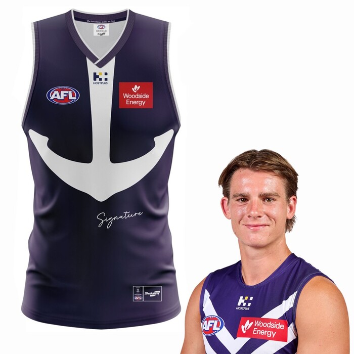 Photo of Caleb Serong #3 Fremantle 2025 Retro Purple Haze Match-Worn Guernsey