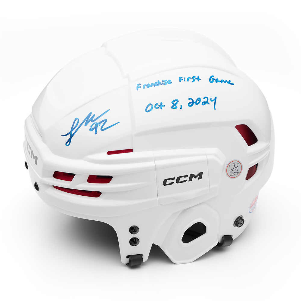 Logan Cooley Signed White CCM Hockey Helmet with Franchise First Game Note