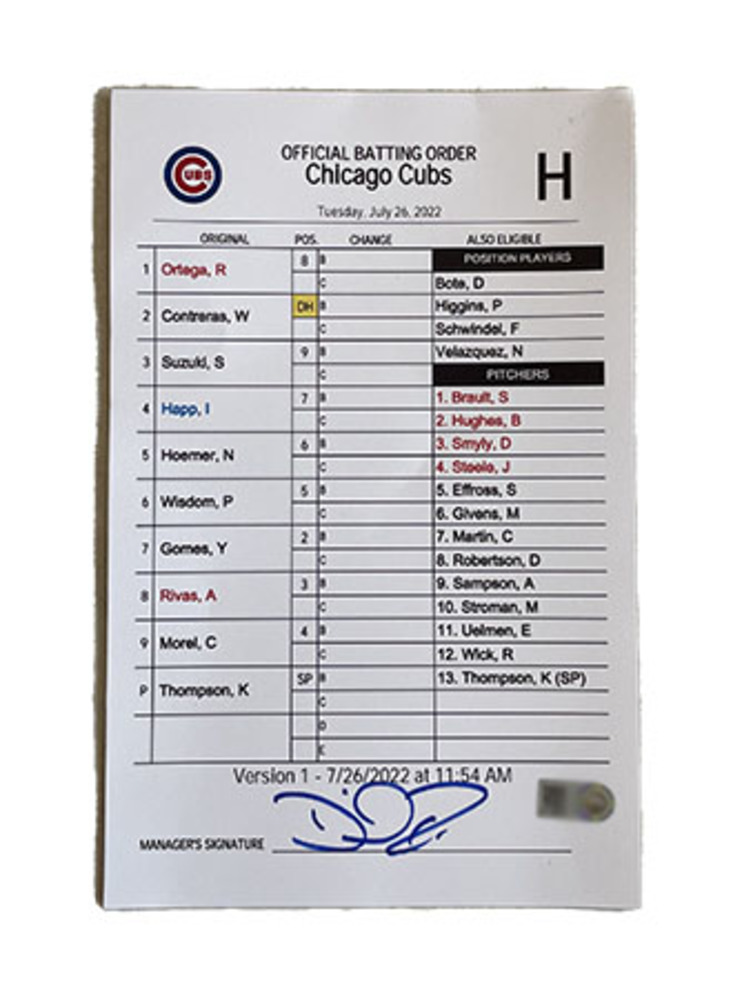 Official Batting Order Card July 26th, 2022 Pirates at Cubs Cubs