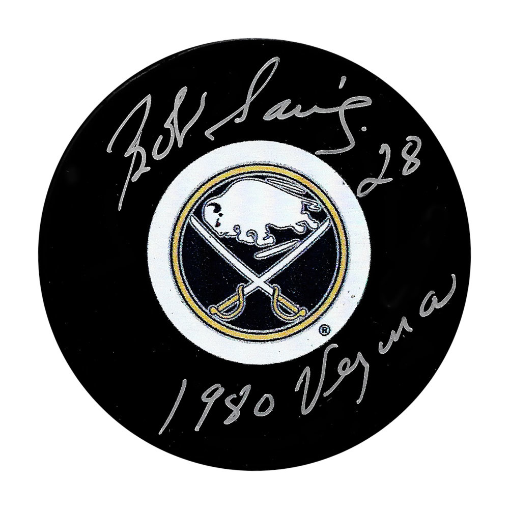 Bob Sauve Autographed Buffalo Sabres Puck w/1980 VEZINA Inscription