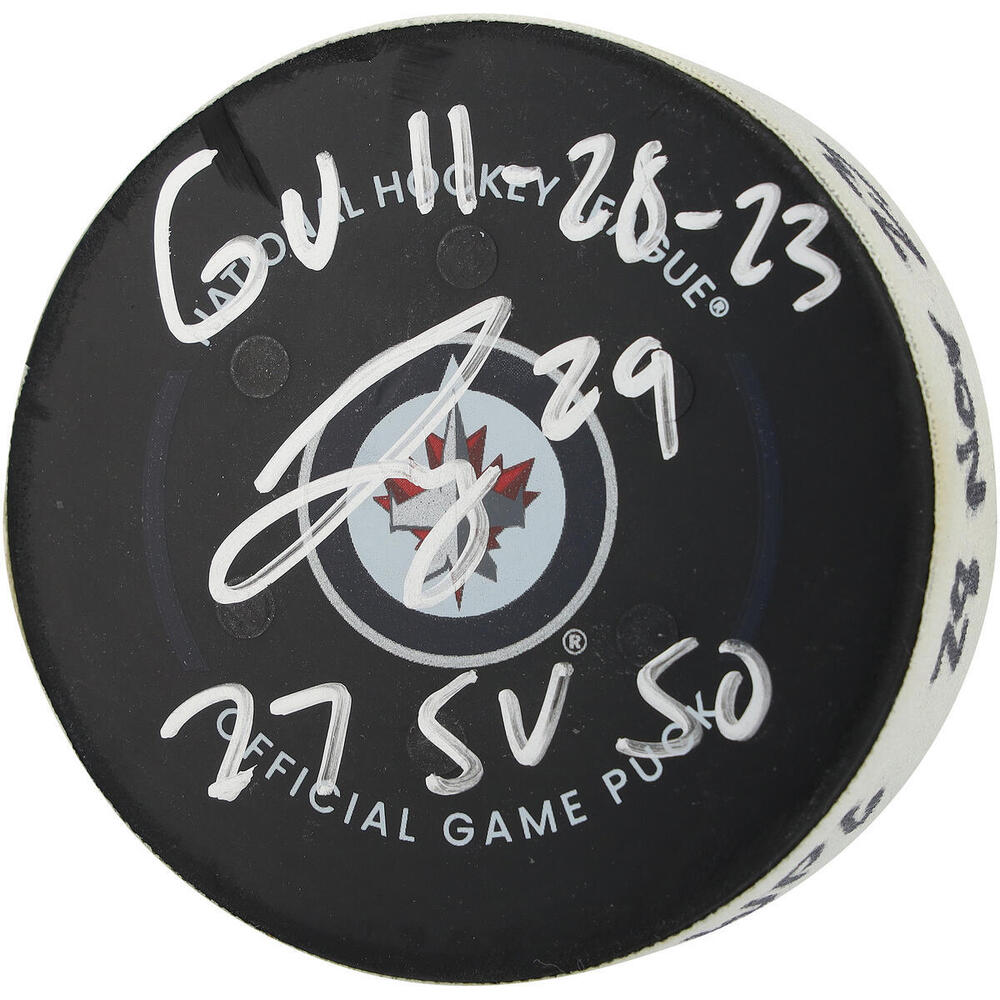 Jake Oettinger Dallas Stars Autographed Game-Used Puck vs. Winnipeg Jets on November 28, 2023 with Multiple Inscriptions