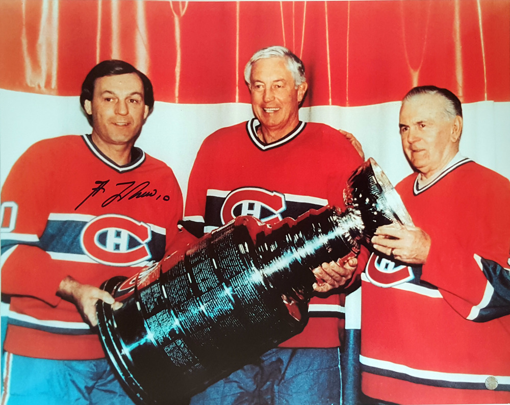 Guy Lafleur - Signed 16x20 Unframed Montreal Canadiens Red-H Trihabs Holding Cup