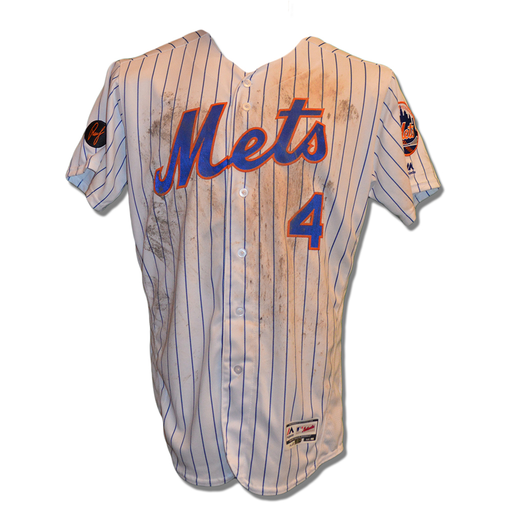 レア限定MLBニューヨークメッツ・ジェウリスファミリア4／15試合着用ユニホーム Wilmer Flores #4 - Game-Used White Pinstripe Home Jersey - 3-4, 2