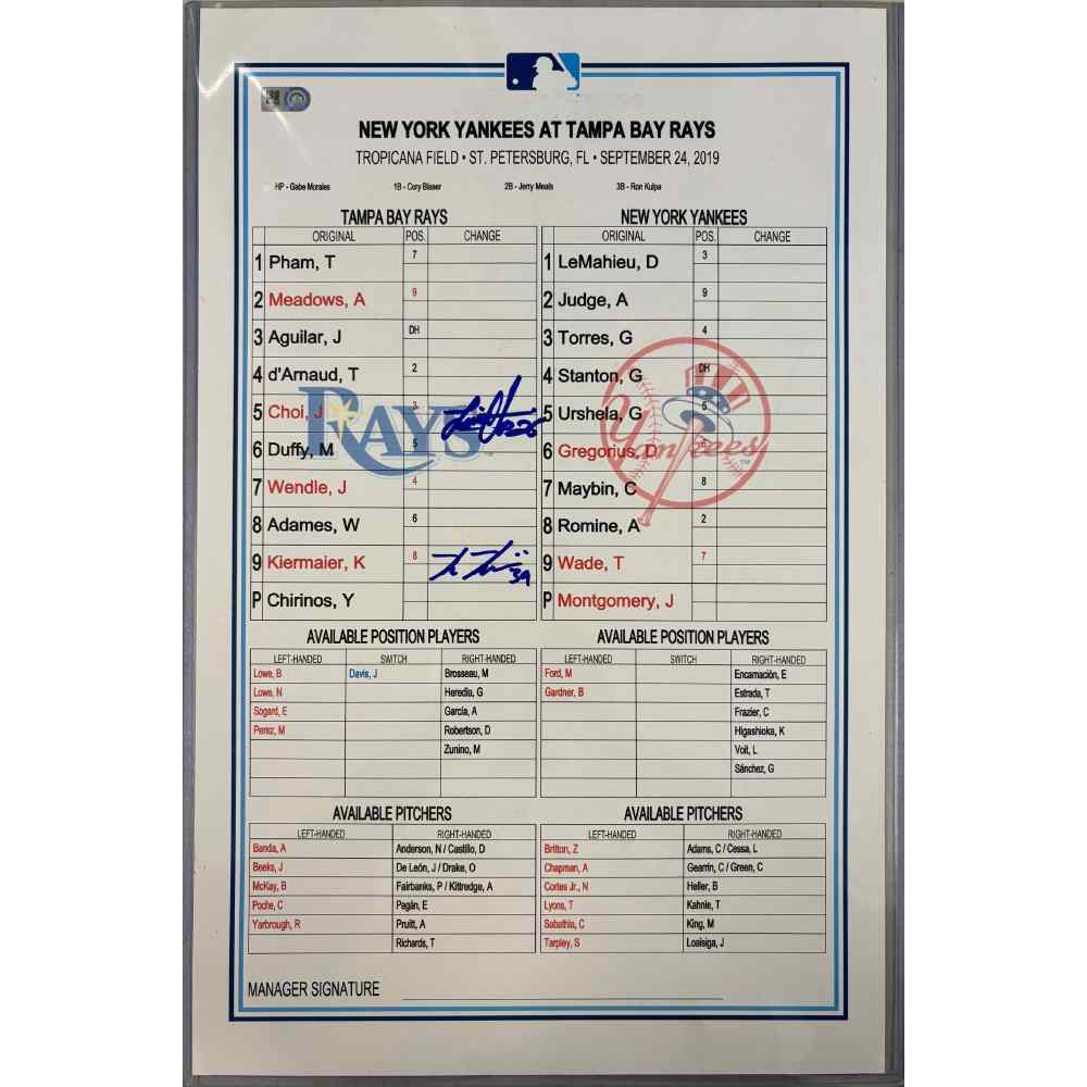Replica Lineup Card Replica Autographed Lineup Card: Tampa Bay Rays v New York Yankees ...