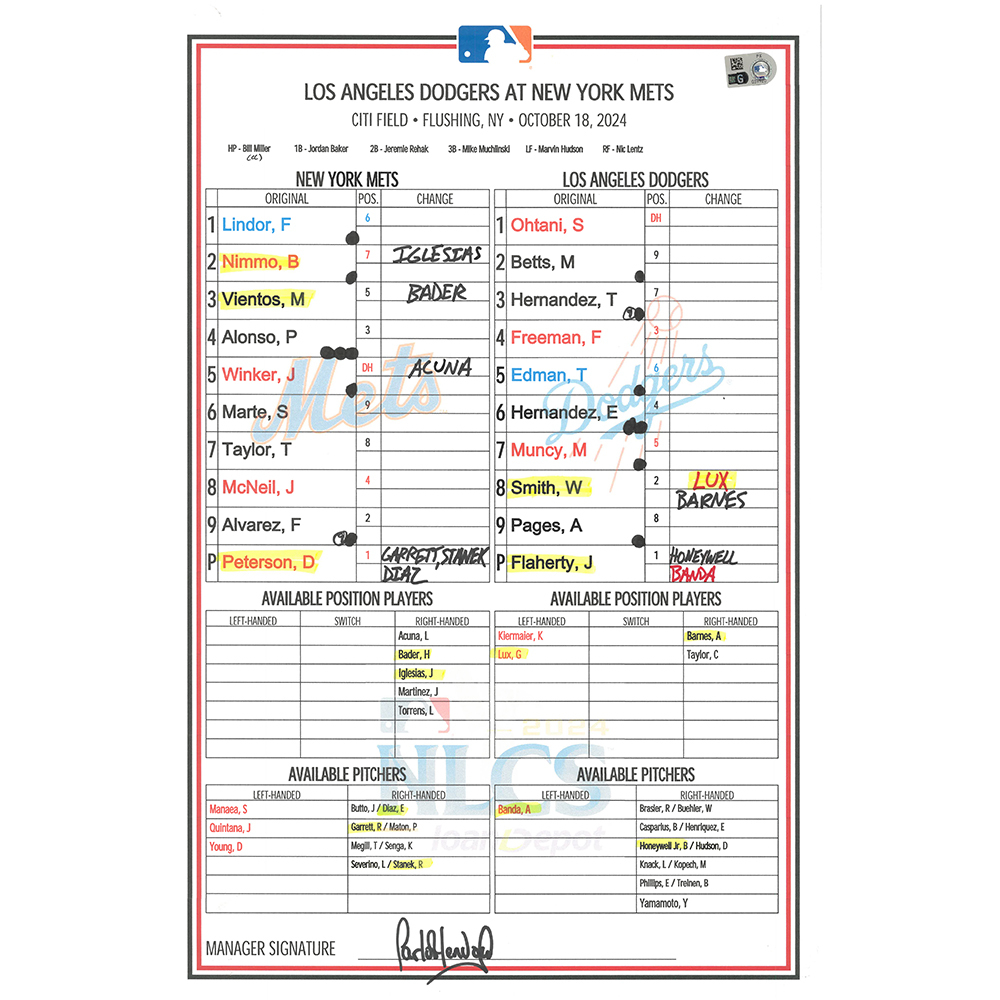 Replica Lineup Card The official auction site of Mets Auctions | New York Mets Auctions