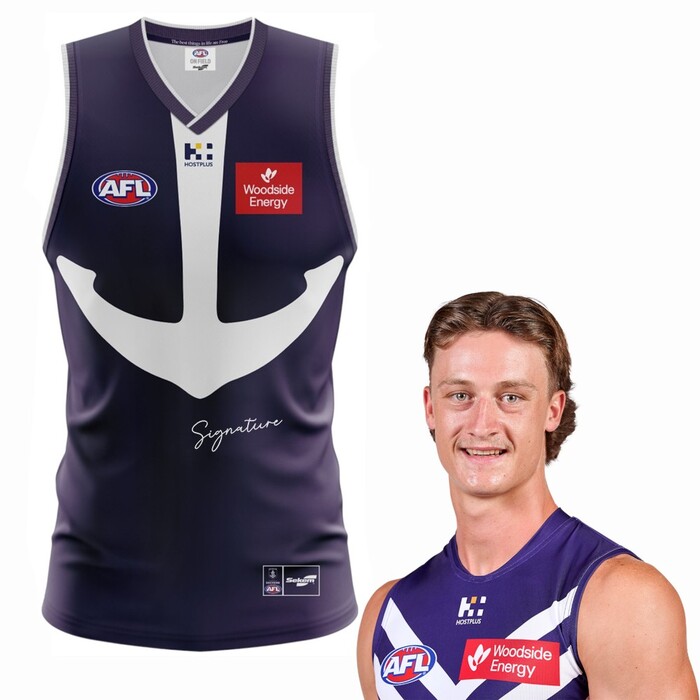 Photo of Jye Amiss #24 Fremantle 2025 Retro Purple Haze Guernsey