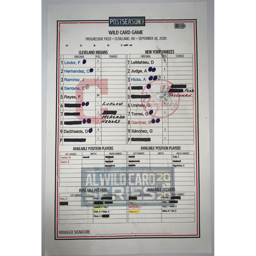 2020 Postseason Lineup Card - 9/30/2020 New York Yankees at Cleveland Indians