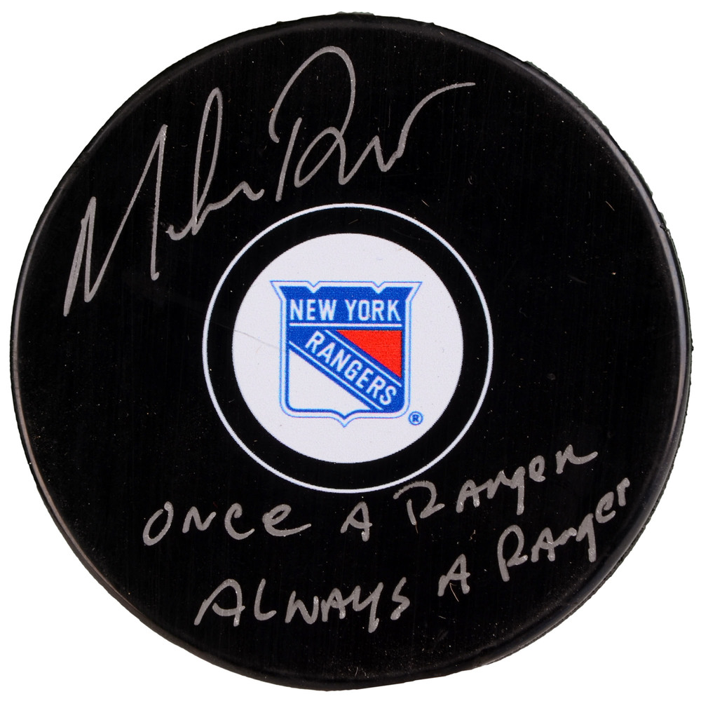 Mike Richter New York Rangers Autographed Hockey Puck with Once A Ranger, Always A Ranger Inscription