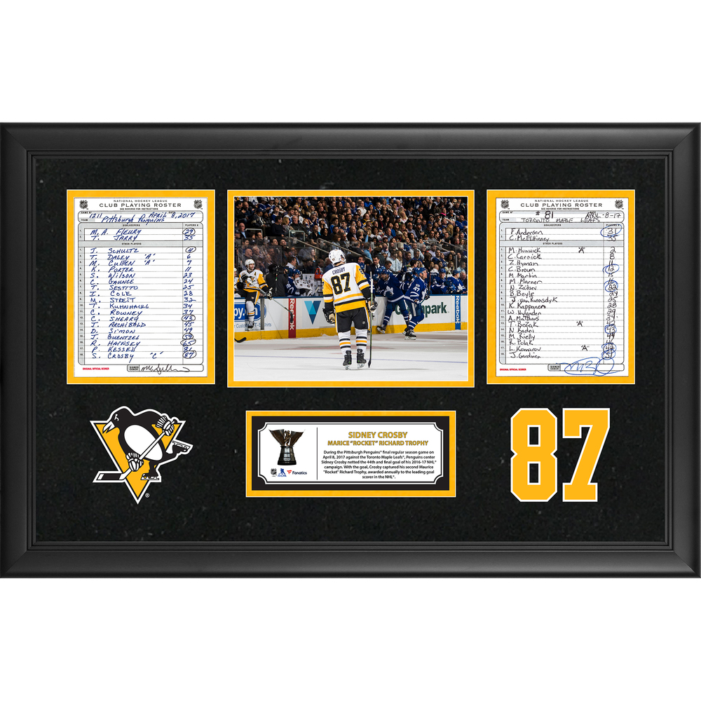 Pittsburgh Penguins Framed Original Line-Up Cards From April 8, 2017 - Sidney Crosby's 44th and Final Goal for his 2016-17 Richard Trophy Campaign