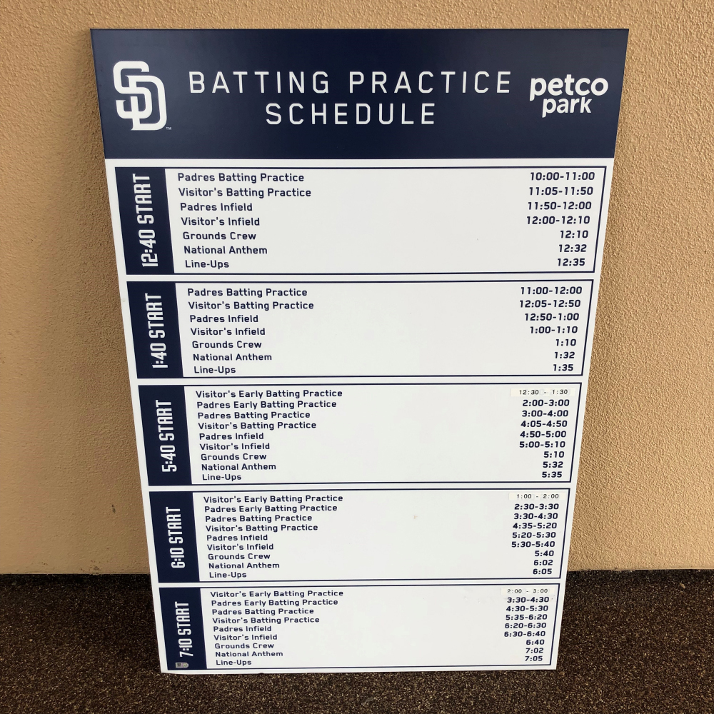 Petco Park San Diego Padres Batting Practice Schedule Sign 24" x 36" MLB Authenticated