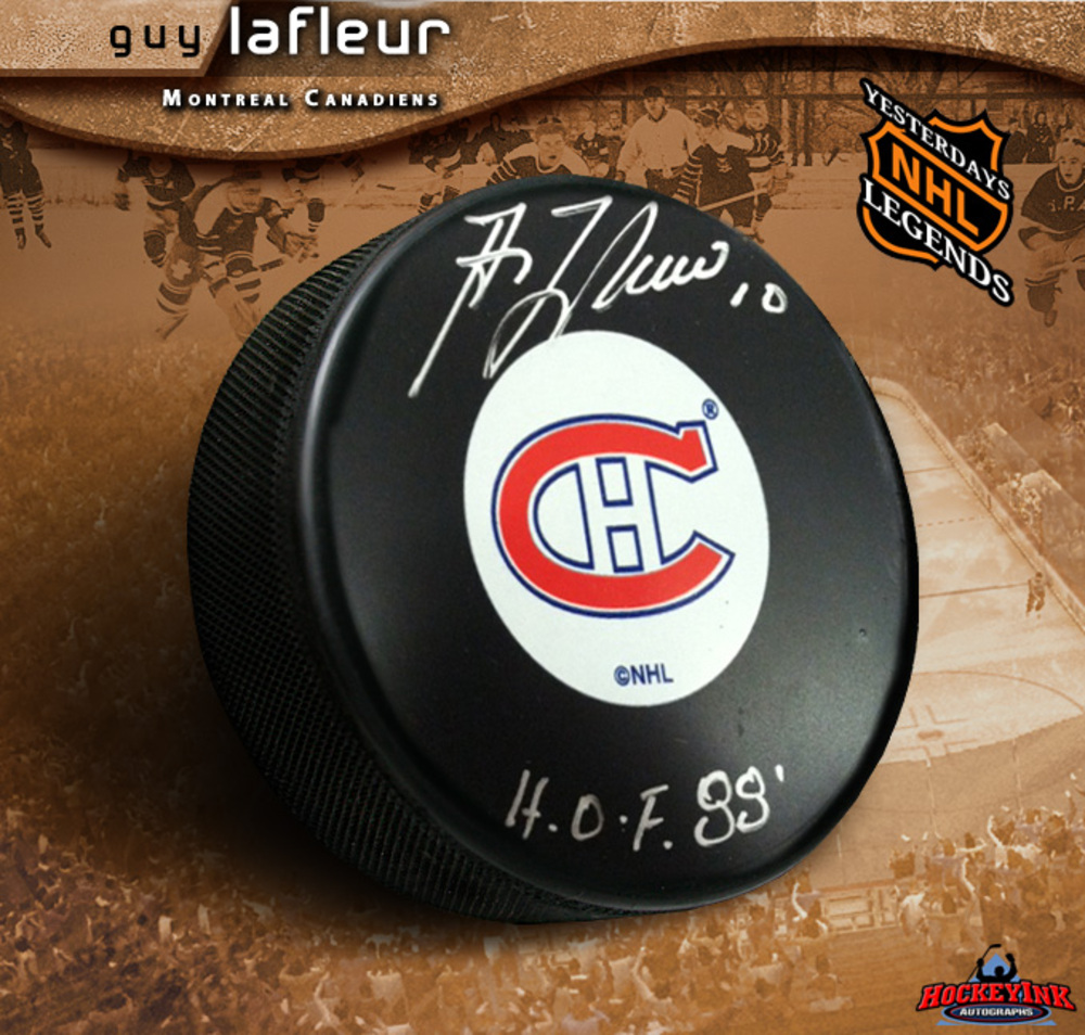 Guy Lafleur Signed Montreal Canadiens Puck With Hof Inscription Nhl 