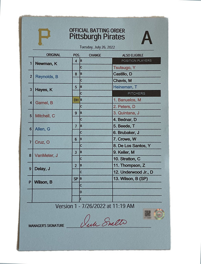 Official Batting Order Card July 26th, 2022 Pirates at Cubs