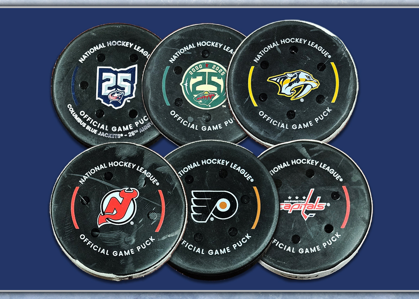 A selection of game-used NHL Goal Pucks.