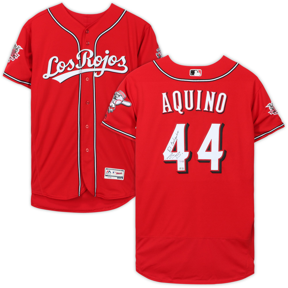 Aristides Aquino Cincinnati Reds Autographed & Inscribed Majestic Los Rojos 44 Authentic Jersey