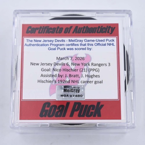 Image of Hischier, Nico - New Jersey Devils - March 7, 2026 vs. New York Rangers (Devils Logo)