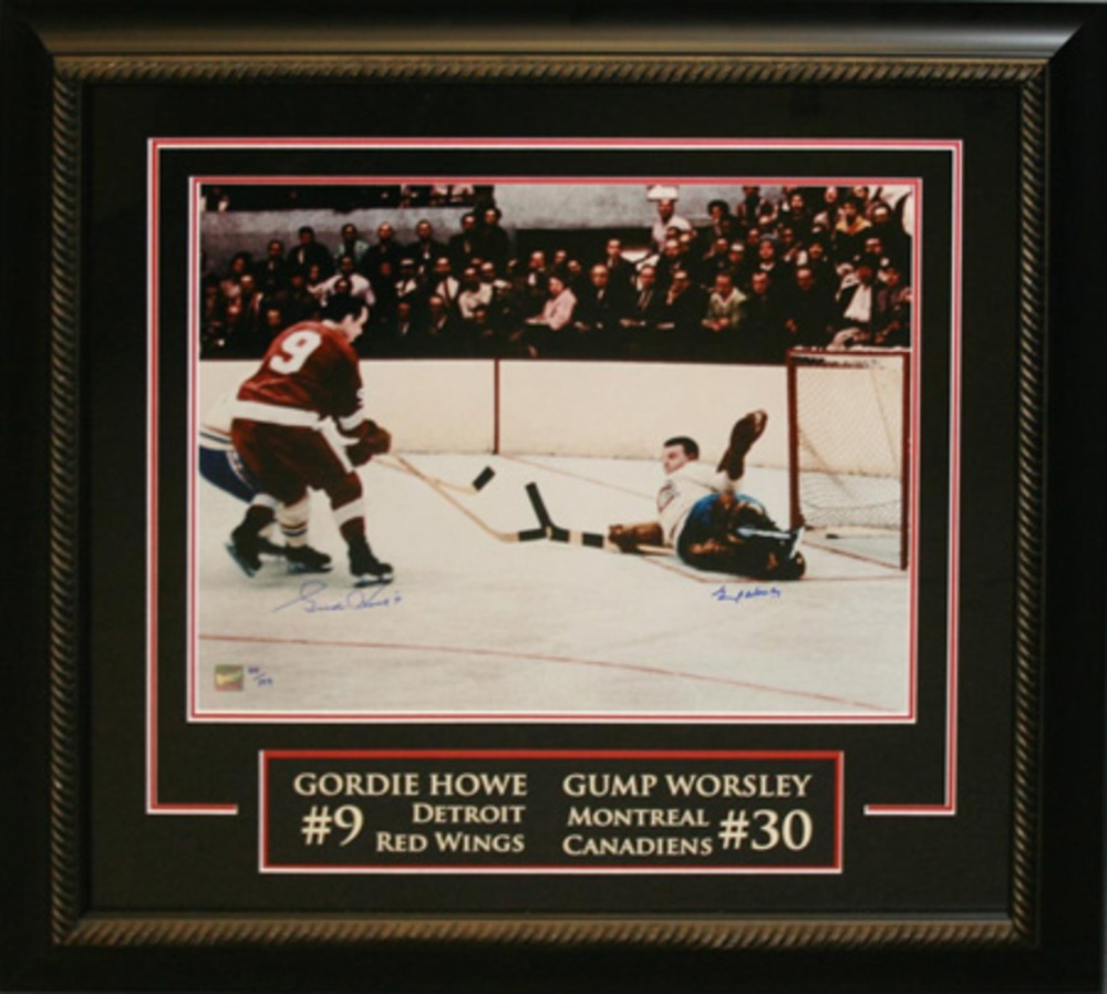 Gordie Howe and Gump Worsley dual Signed 16x20 Etched Mat