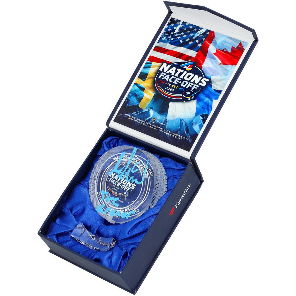 Adrian Kempe Los Angeles Kings Autographed 4 Nations Face-Off Crystal Puck - Filled with Ice from the 4 Nations Face-Off with 