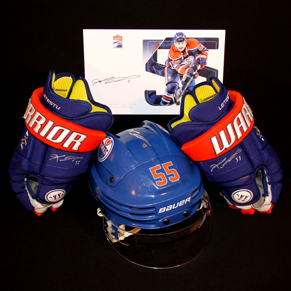 Mark Letestu #55 - Autographed 2015-16 (2nd Half) Edmonton Oilers Game Worn Royal Blue Bauer Helmet & 2016-17 Warrior AX1 Hockey Gloves - Includes Bonus Autographed Player Card!