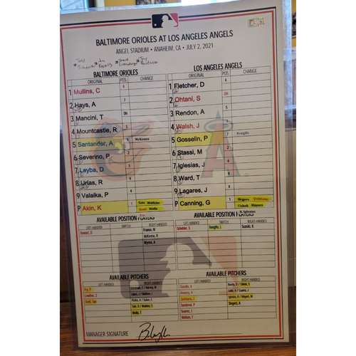 Orioles vs. Angels 7/2/21 Lineup Card (Shohei Ohtani 2 HR)