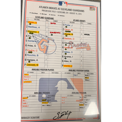 Photo of Game Used Lineup Card: 08/16/25 - Atlanta Braves at Cleveland Guardians 