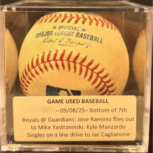 Photo of Game Used Baseball - 09/08/25: Jose Ramirez Flyout to Mike Yastrzemski. Kyle Manzardo Singles to Jac Caglianone