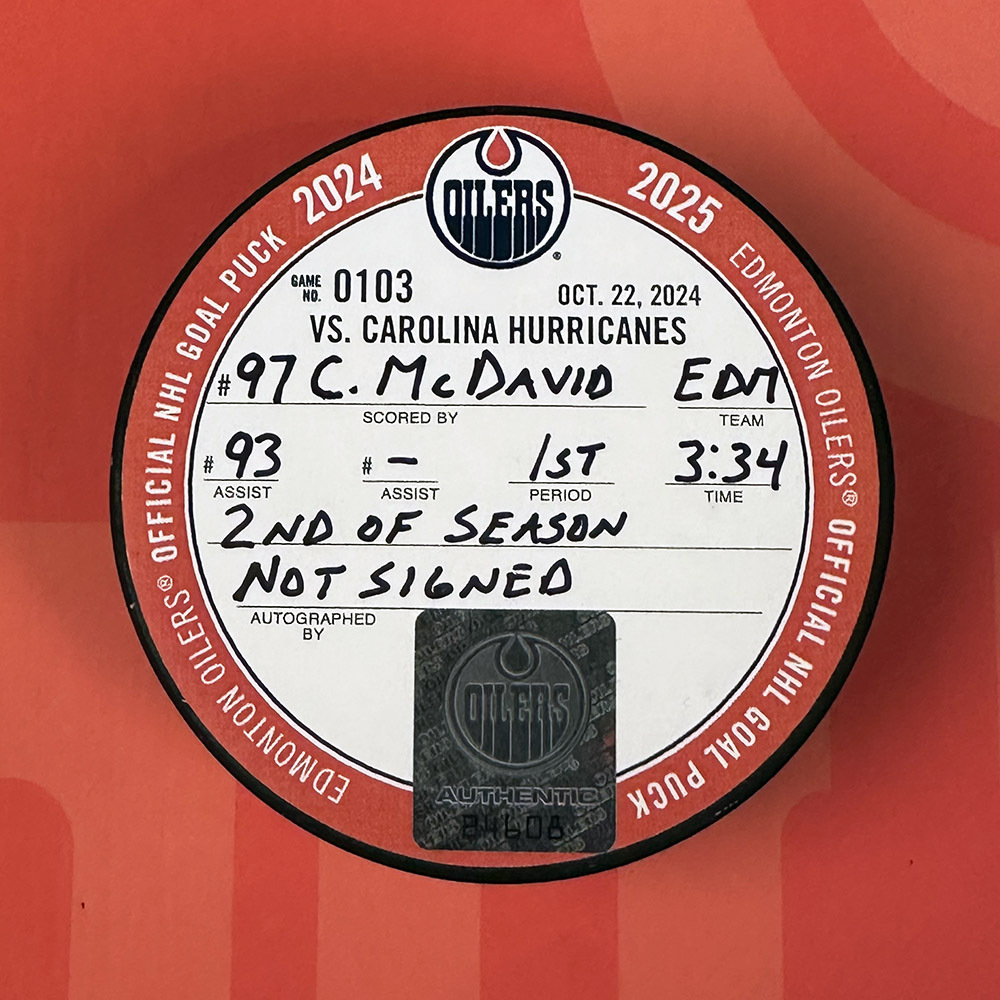 Connor McDavid #97 -  Edmonton Oilers Goal Puck From Oct 22, 2024 Vs Carolina Hurricanes (2nd Goal Of 2024-25 Season)