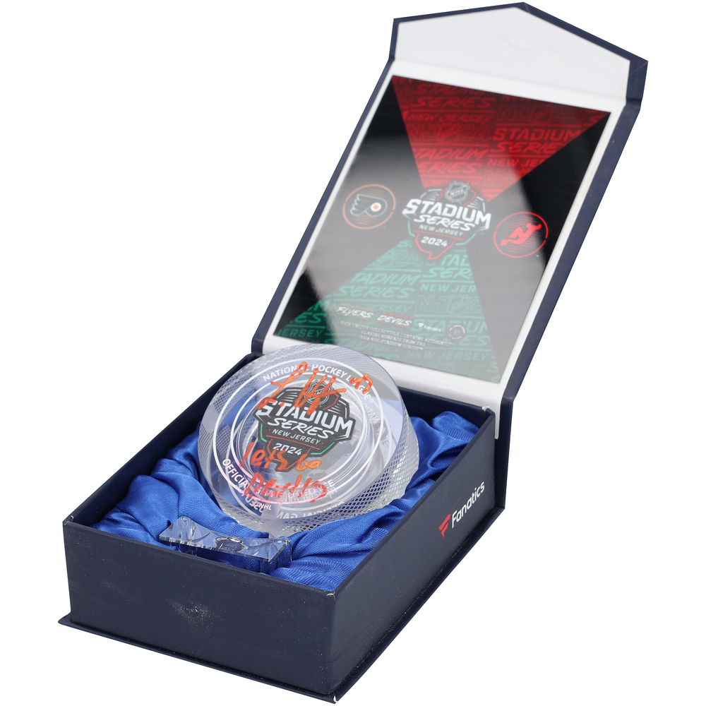 Luke Hughes New Jersey Devils Autographed 2024 Stadium Series Crystal Puck with 