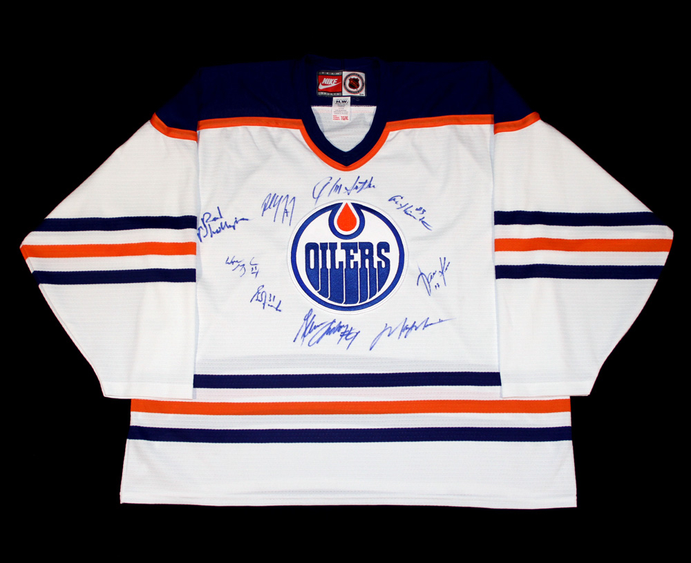 Edmonton Oilers Replica Jersey Autographed By All 9 Retired Banner