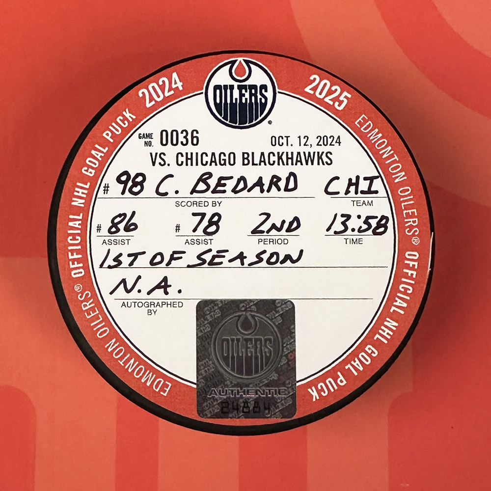 Connor Bedard #98 - Chicago Blackhawks Goal Puck From October 12, 2024 Vs Edmonton Oilers (1st Goal Of 2024-25 Season)