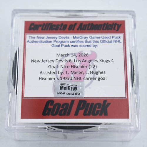 Image of Hischier, Nico - New Jersey Devils - March 14, 2026 vs. Los Angeles Kings (Devils Logo)