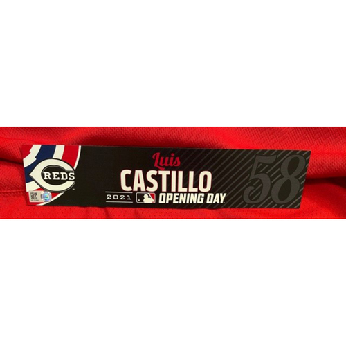 Photo of Luis Castillo -- 2021 Opening Day Locker Tag -- Game-Used -- Cardinals vs. Reds on 4/1/21