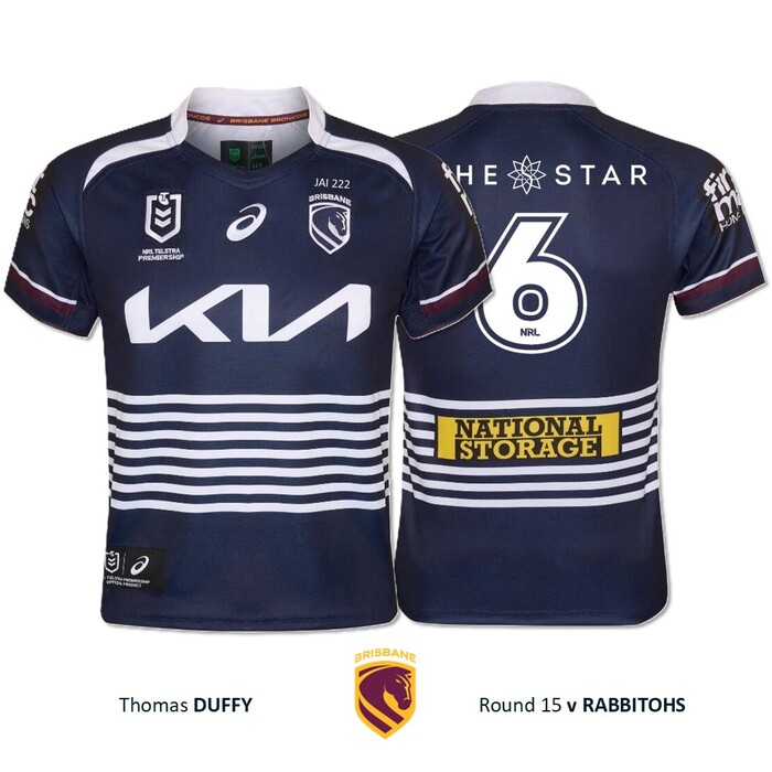 Photo of Thomas Duffy #6 Brisbane Broncos Jai Arrow Tribute Jersey Player-Issued 