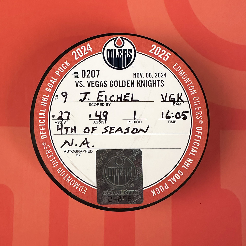 Jack Eichel #9 - Vegas Golden Knights Goal Puck From November 6, 2024 Vs Edmonton Oilers (4th Goal Of 2024-25 Season)