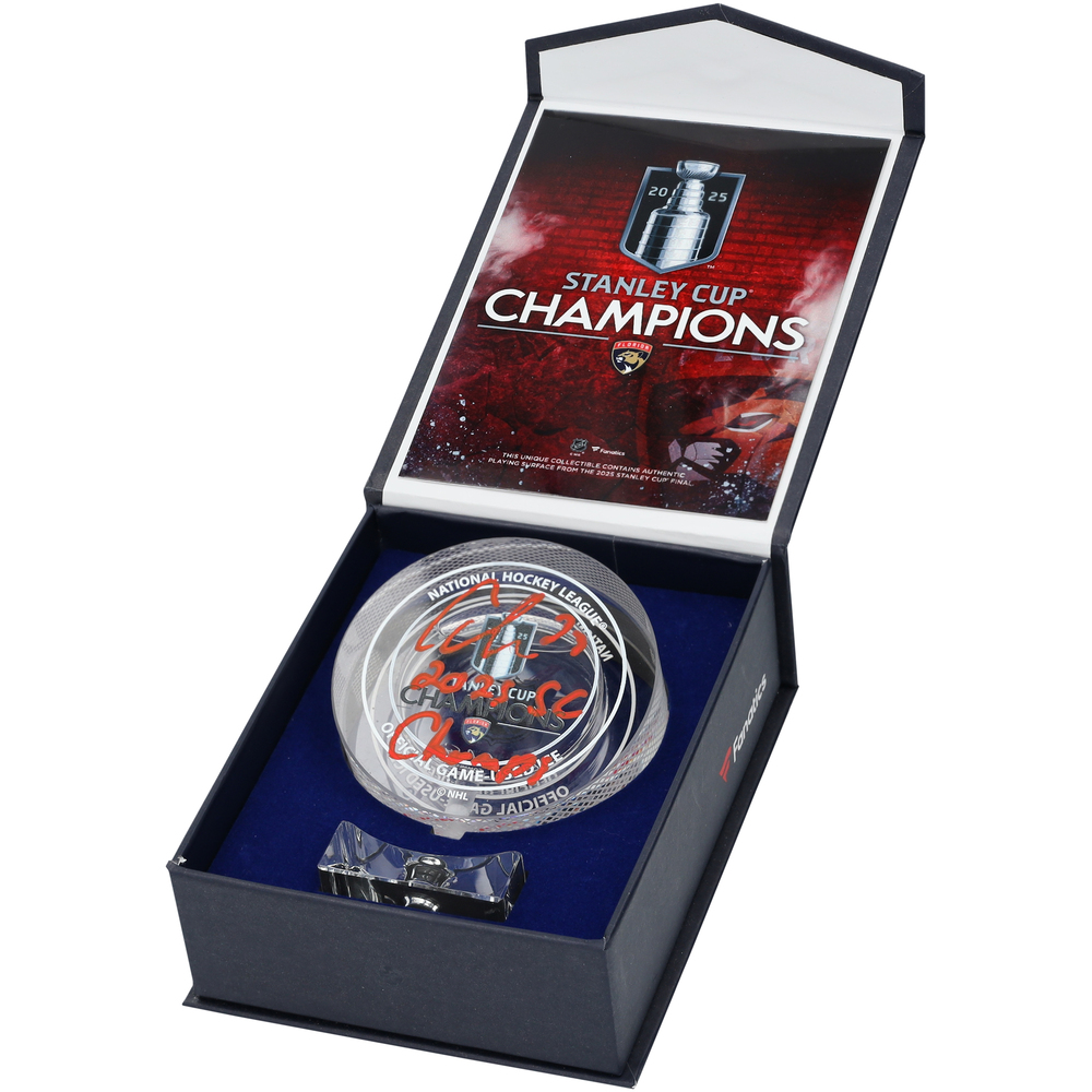Carter Verhaeghe Florida Panthers Autographed 2025 Stanley Cup Champions Crystal Puck with 