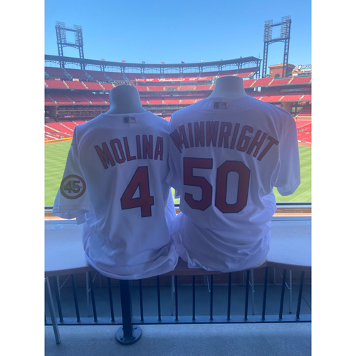Cardinals Authentics: Game Worn Adam Wainwright and Yadier Molina Home White Jerseys from June 3rd, 2021 *4th All Time in MLB Starts as Battery Mates*