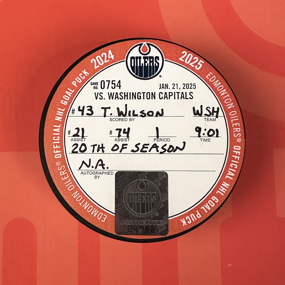 Tom Wilson #43 - Washington Capitals Goal Puck From January 21, 2025 Vs Edmonton Oilers (20th Goal Of 2024-25 Season)