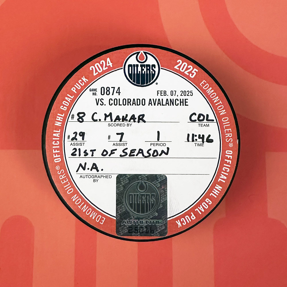 Cale Makar #8 - Colorado Avalanche Goal Puck From February 7, 2025 Vs Edmonton Oilers (21st Goal Of 2024-25 Season)