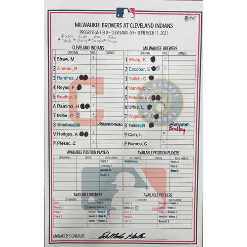 Game Used Lineup Card- 9/11/2021 Brewers at Indians- Milwaukee Brewers pitchers, Corbin Burnes and Josh Hader pitch no hitter against the Indians.
