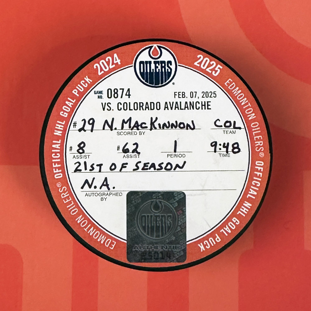 Nathan MacKinnon #29 - Colorado Avalanche Goal Puck From February 7, 2025 Vs Edmonton Oilers (21st Goal Of 2024-25 Season)