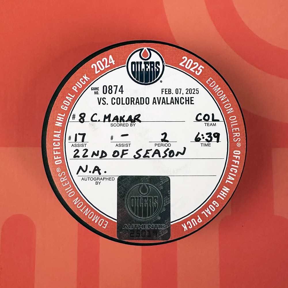 Cale Makar #8 - Colorado Avalanche Goal Puck From February 7, 2025 Vs Edmonton Oilers (22nd Goal Of 2024-25 Season)