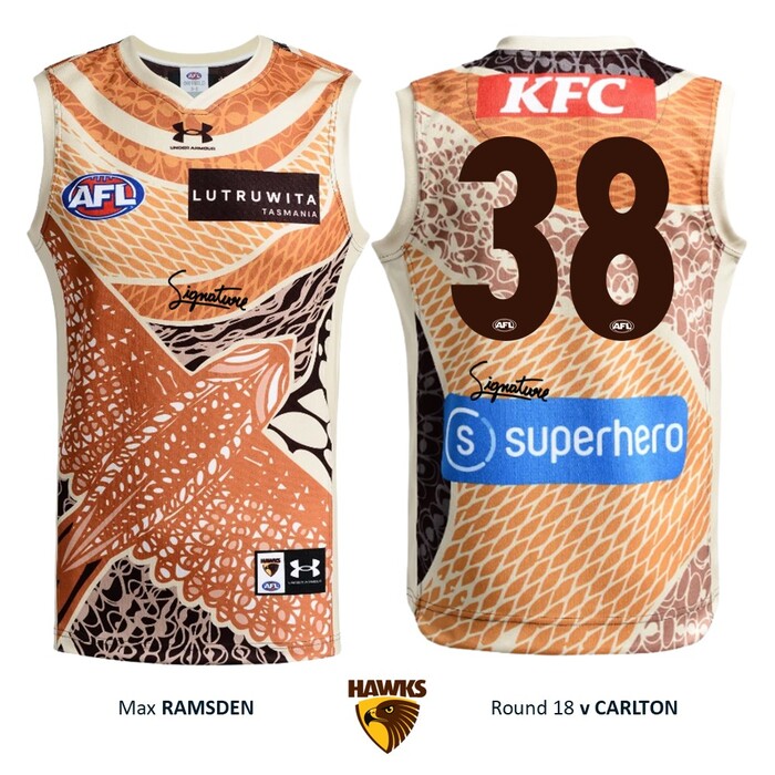 Photo of Max Ramsden #38 Hawthorn 2026 Indigenous Player-Issue Guernsey