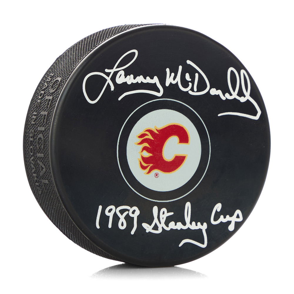 Lanny McDonald Signed Calgary Flames Hockey Puck with 1989 Stanley Cup Note