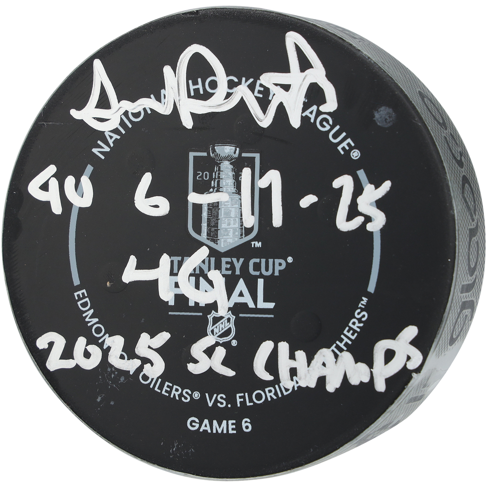 Sam Reinhart Florida Panthers Autographed Game-Used Puck vs. Edmonton Oilers on June 17, 2025 with Multiple Inscriptions
