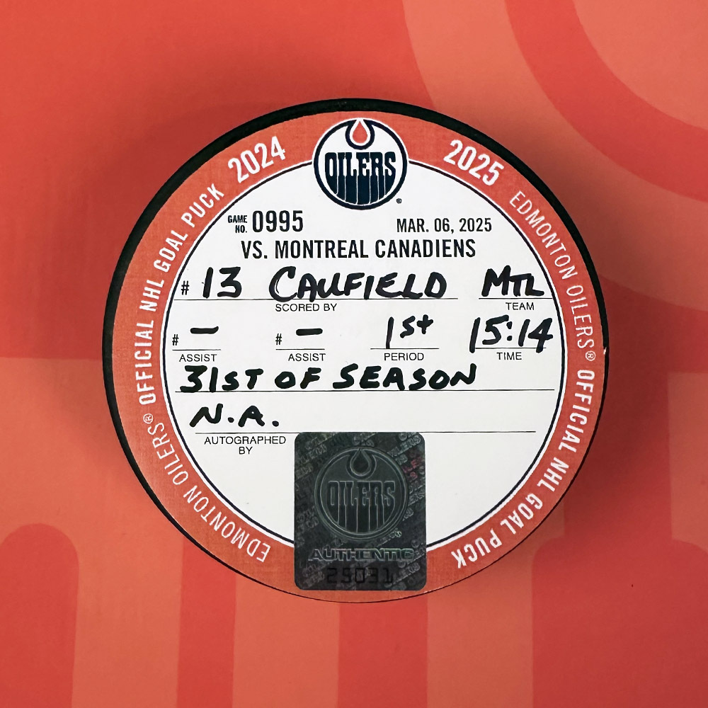 Cole Caufield #13 - Montreal Canadiens Goal Puck From March 6, 2025 Vs Edmonton Oilers (31st Goal Of 2024-25 Season)